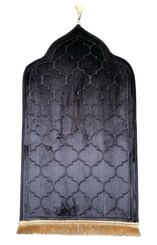 Tapis de prière de luxe doré pour adulte sous forme de mosquée (Mihrab) - Couleur noir doré .