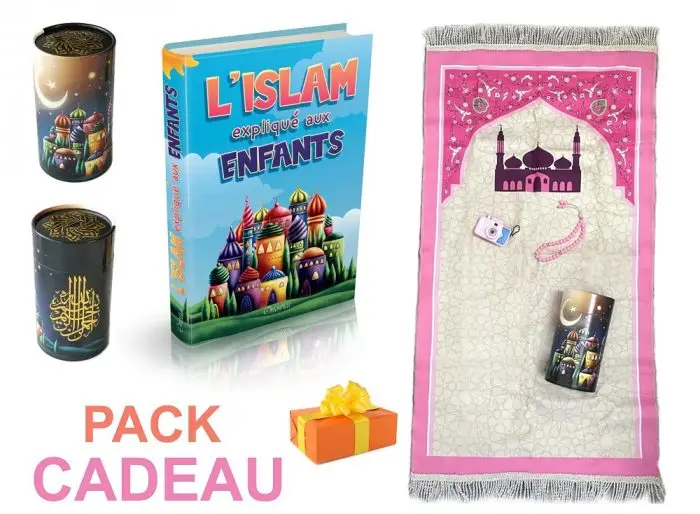 Pack Cadeau : L'islam expliqué aux enfants (Livre cartonné) - Boite tirelire avec tapis, chapelet, etc. (Version fille)
